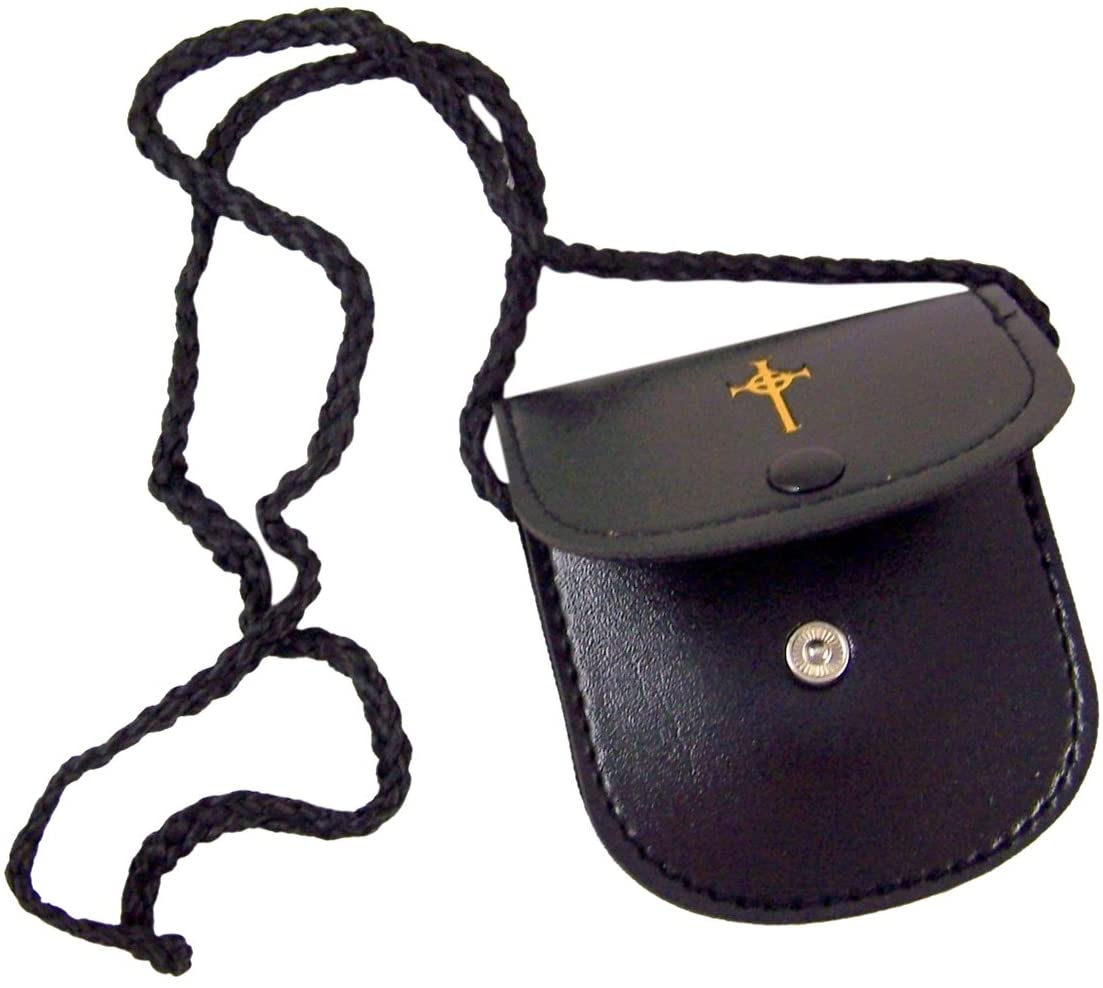Black Leather Medium Strap Burse with Gold Stamped Cross