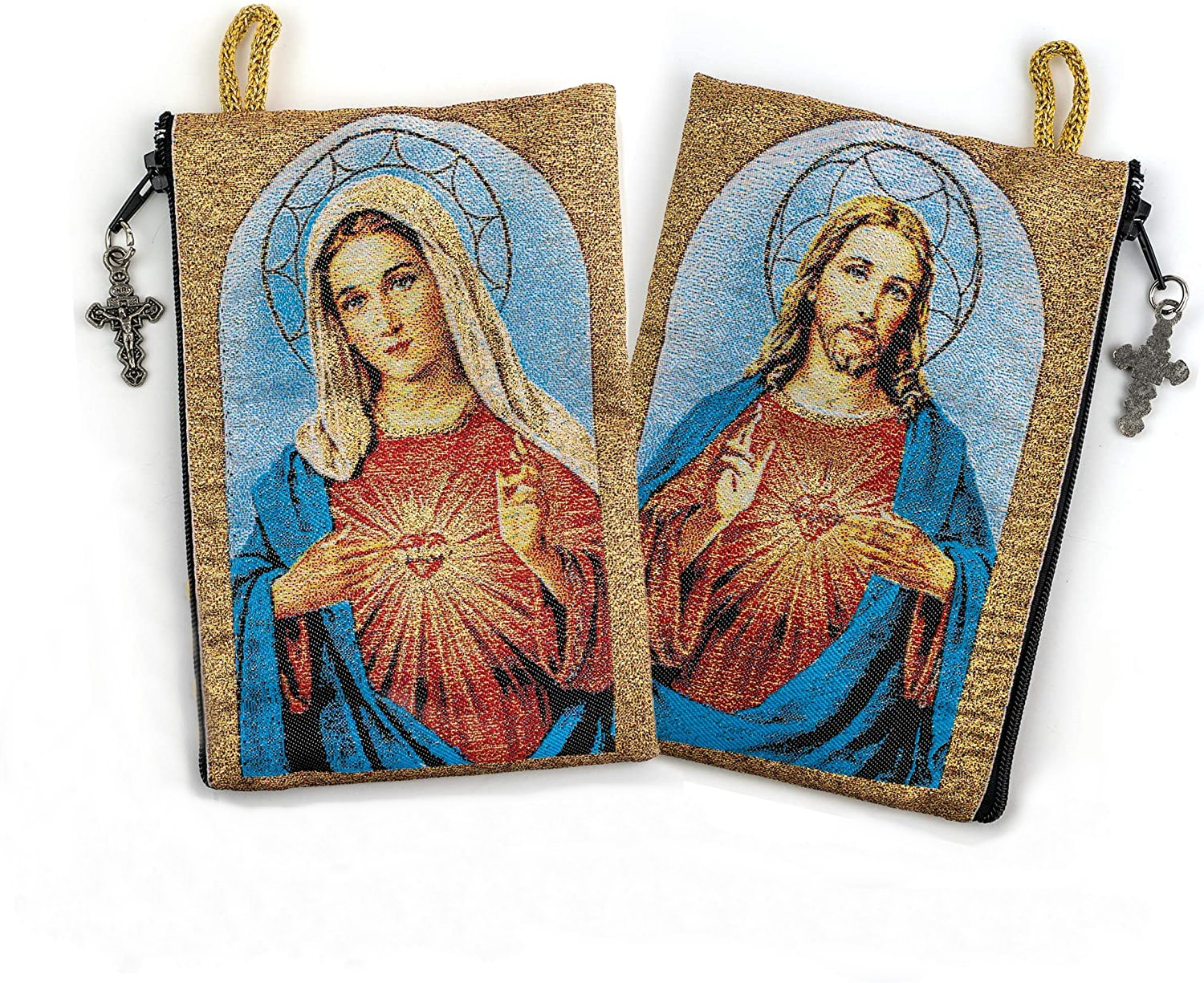 Rosary Pouch Immaculate Heart of Mary & Sacred Heart of Jesus Woven Fabric Tapestry Style Icon