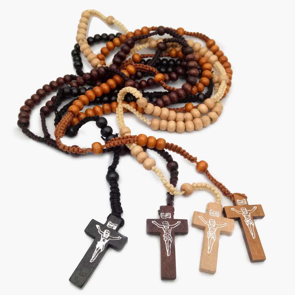 Catholic Rosary Necklace Wooden Beads Handmade Cross Necklace5.jpg