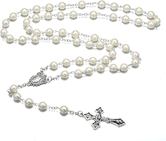 Catholic prayer cross necklace 8 mm rosary necklace white glass pearl1.jpg