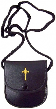 Black Leather Medium Strap Burse with Gold Stamped Cross