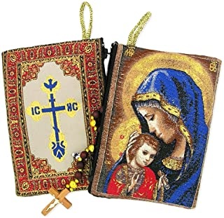 Religious Gifts Madonna and Child Mother's Embrace Icon Cloth Tapestry Rosary Pouch