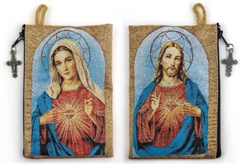 Rosary Pouch Immaculate Heart of Mary & Sacred Heart of Jesus Woven Fabric Tapestry Style Icon